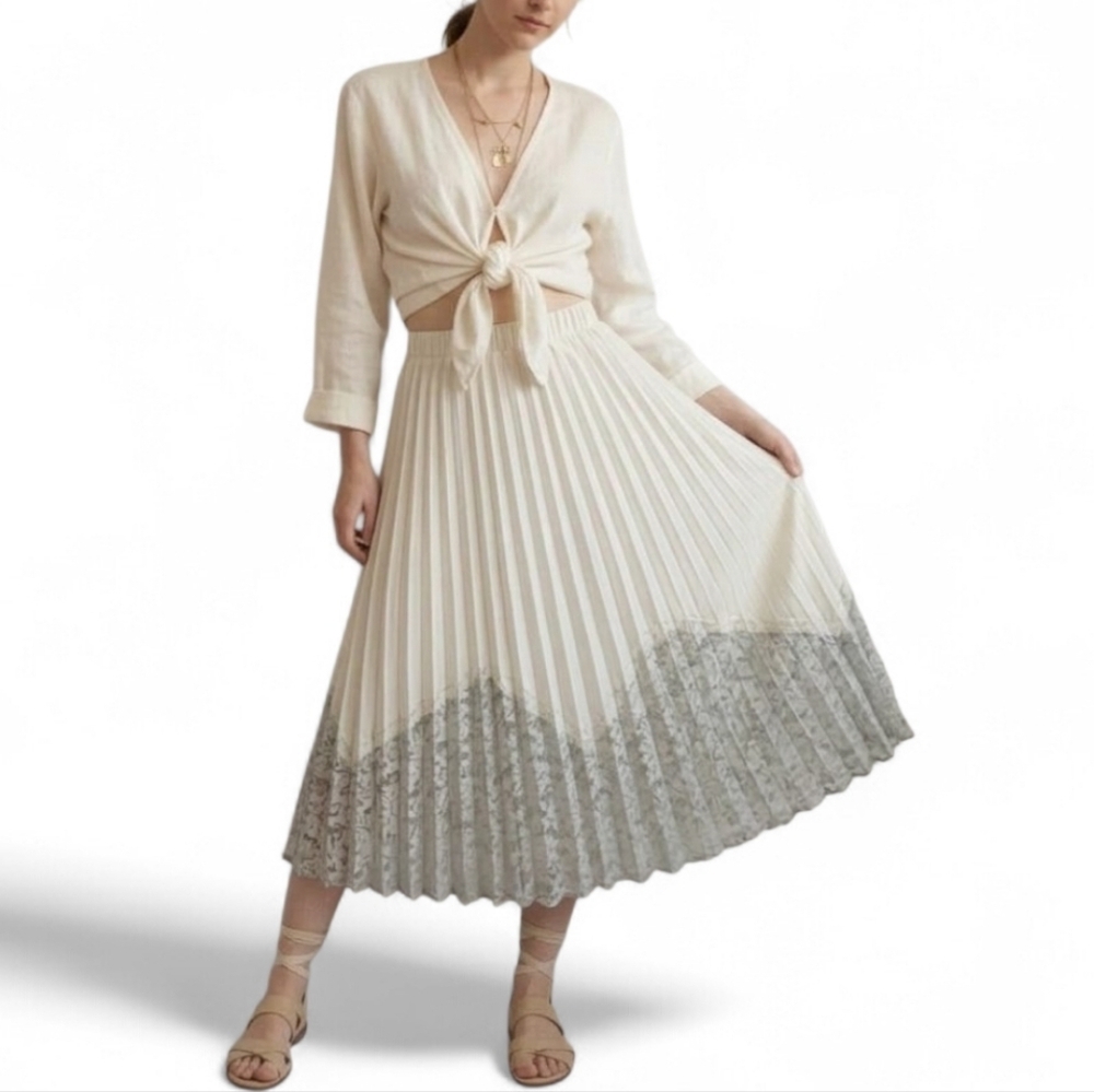 Cream Lace Pleated midi Skirt
